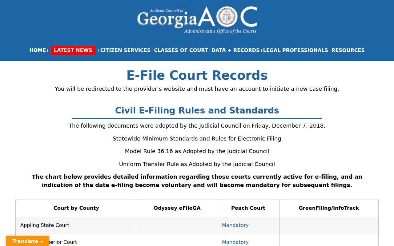 Union County civil court docket e-file chart showing mandatory PeachCourt