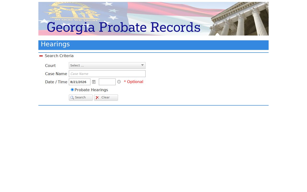 Union County court schedule Probate hearing search fields