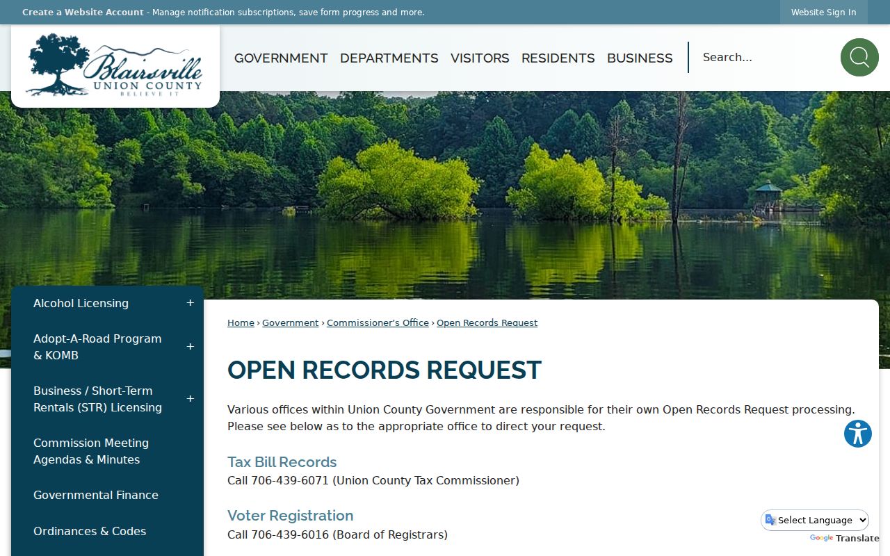 Union County page directing court-record requests to the Clerk of Superior Court