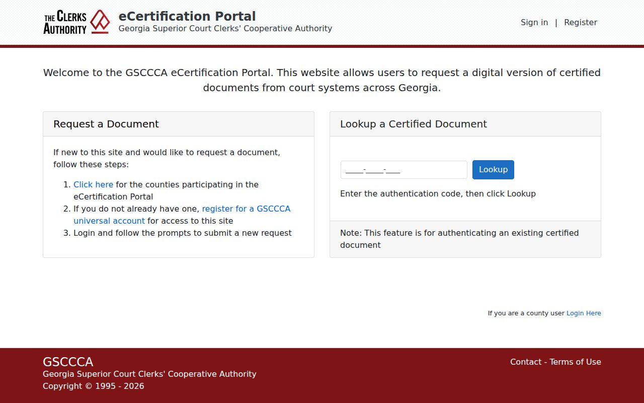 GSCCCA electronic certified-record request landing page