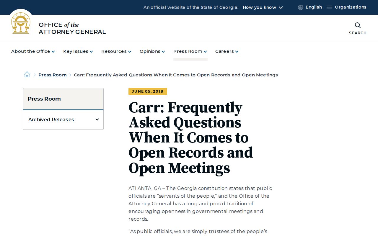 Georgia Attorney General guidance distinguishing court records from agency requests