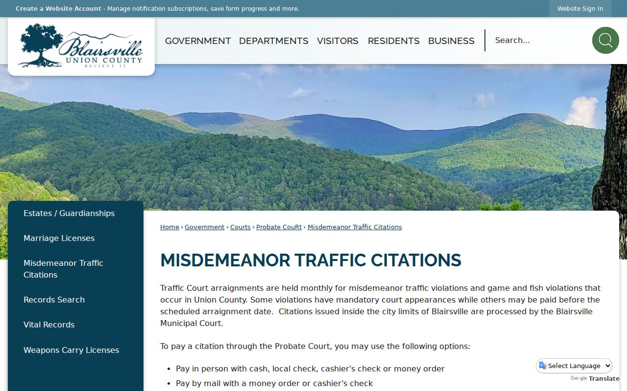 Union County traffic page explaining Probate payment methods and the Blairsville city-limit split